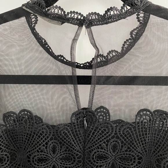 Black Midi Dress, Sheer neckline with lace and Pleated skirt - Picture 5 of 7